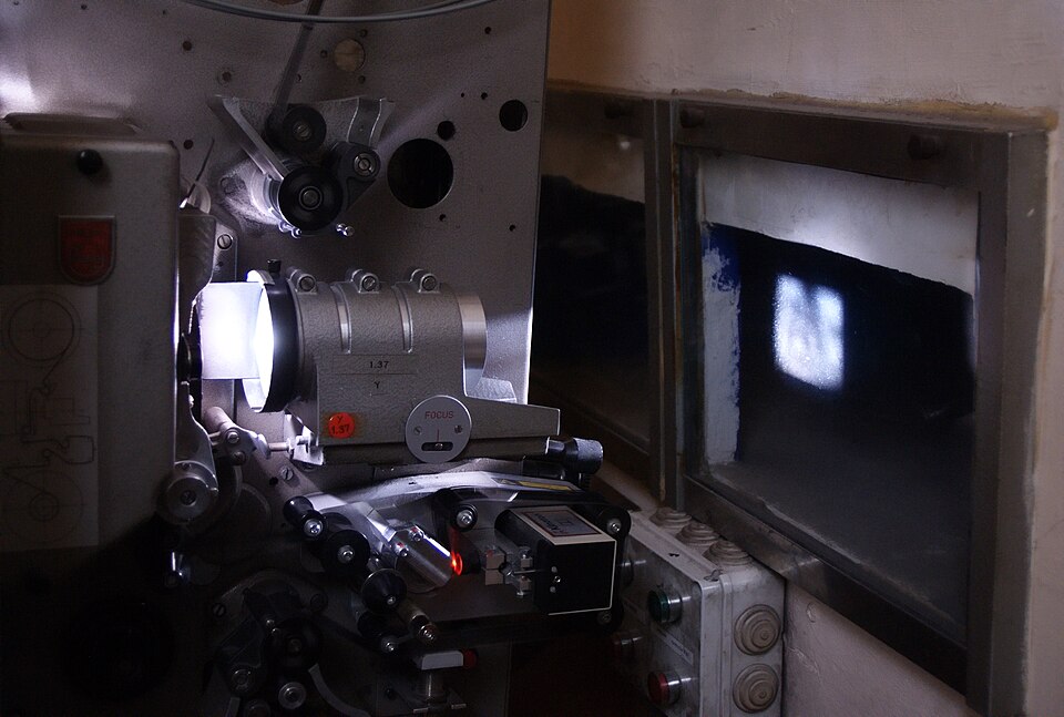 A 35 mm film projector in a projection booth